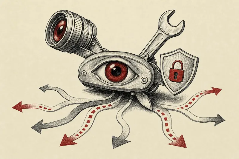 A compact mechanical eye unfolds into tools and a shield, symbolizing Muse Glimmer’s local multimodal abilities.