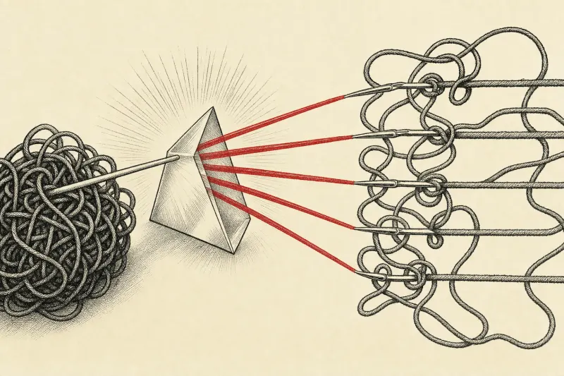 A prism divides one beam into parallel needles that untangle a large knotted thread.