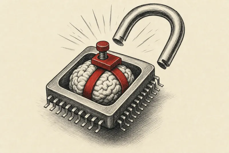 An open chip shaped padlock contains a compressed mechanical brain, symbolizing local open source AI agents.