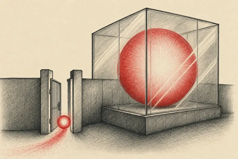 A small glowing orb passes an open gate while a larger orb stays locked away, symbolizing Meta's divided AI access.