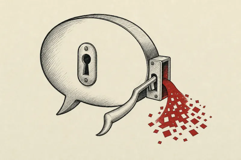 A speech-bubble safe uses its own tail as a key, symbolizing Copilot revealing the secret that unlocked its defenses.