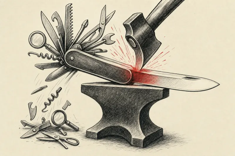 A crowded pocketknife becomes one blade as discarded tools fall away, symbolizing Microsoft’s Copilot consolidation.