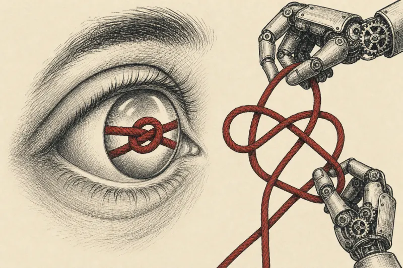 A glass eye sees an intact knot while clockwork hands pull the rope into impossible crossings.