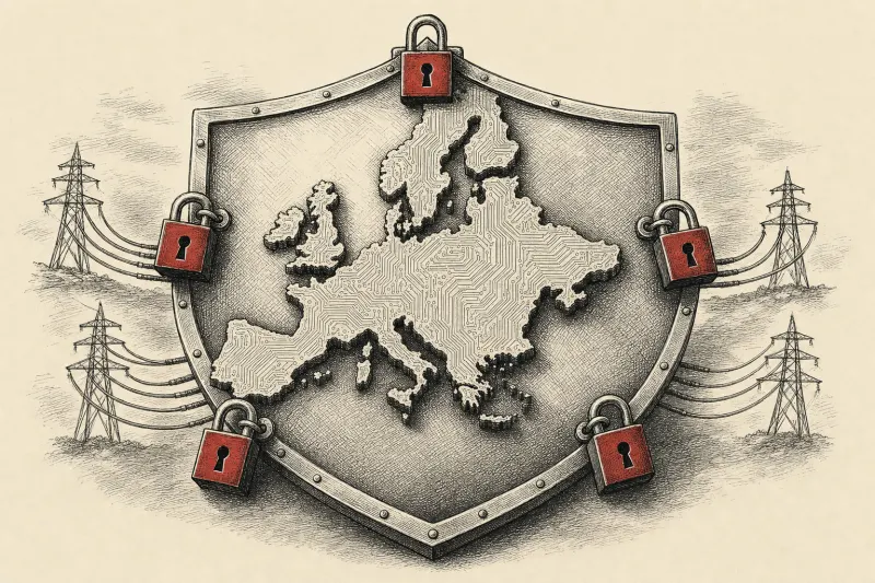 A Europe shaped silicon shield is anchored by five padlocks and powered by cables entering from beyond its borders.