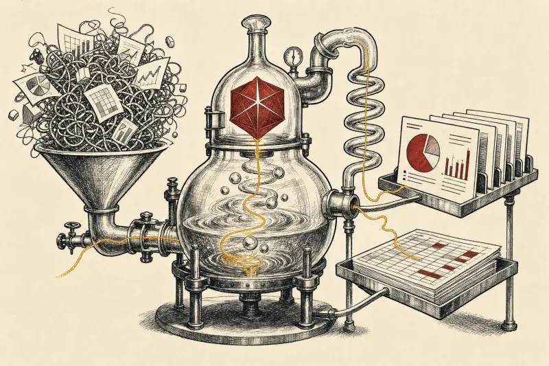A glass refinery turns tangled financial data into ordered slides and spreadsheet cells linked by a golden thread.