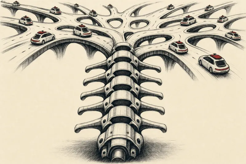 A metallic spine made of abstract vehicles supports a branching road network, symbolizing robotaxi infrastructure.