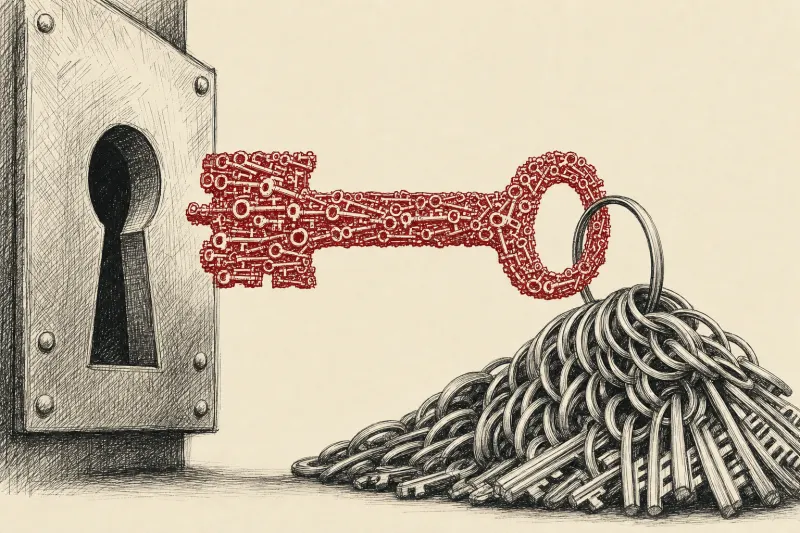 A key made of many tiny keys opens a complex lock while a heavy keyring symbolizes larger retrieval indexes.
