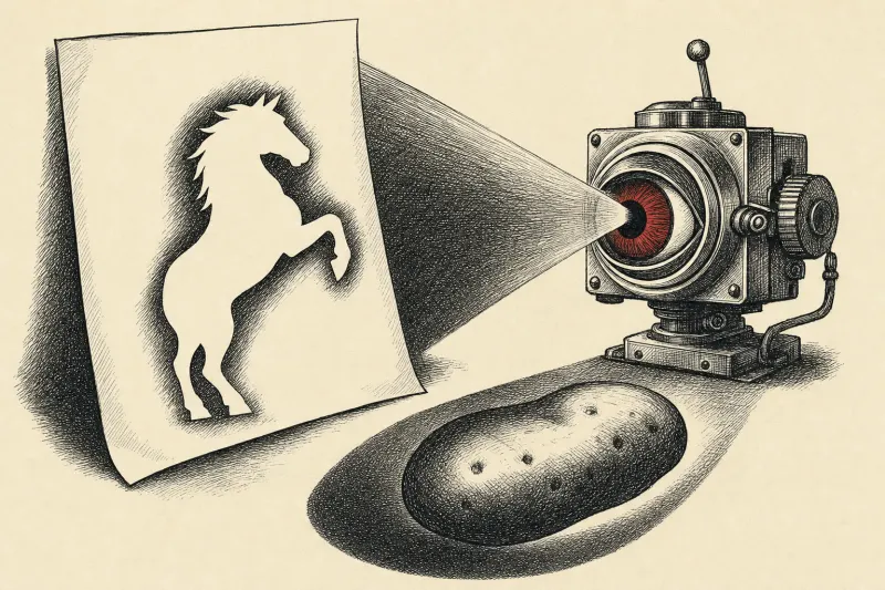 A paper horse casts a potato-shaped shadow, symbolizing different webpage meanings for readers and AI scrapers.