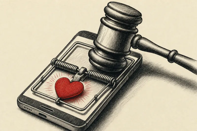 A smartphone mousetrap with a glowing heart is pinned by a gavel, symbolizing legal limits on addictive social media.
