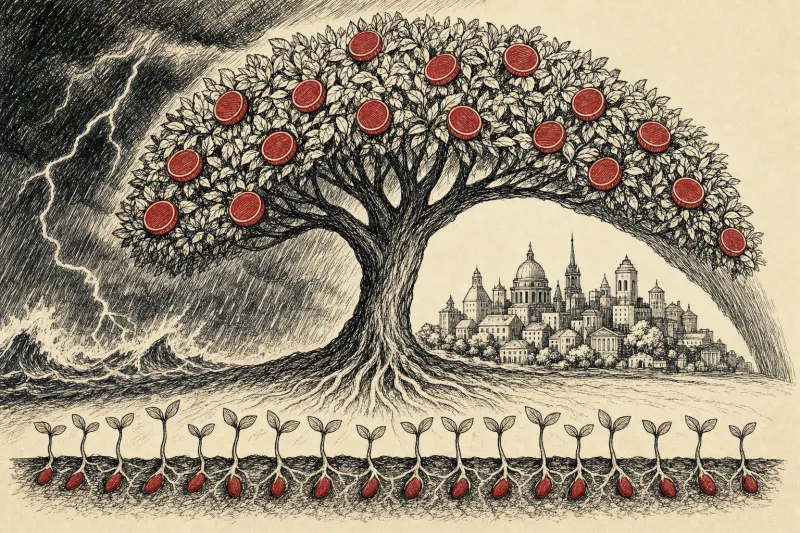 Fourteen seeds form a tree that bears wealth and shelters a fragile city, symbolizing OpenAI’s policy initiative.