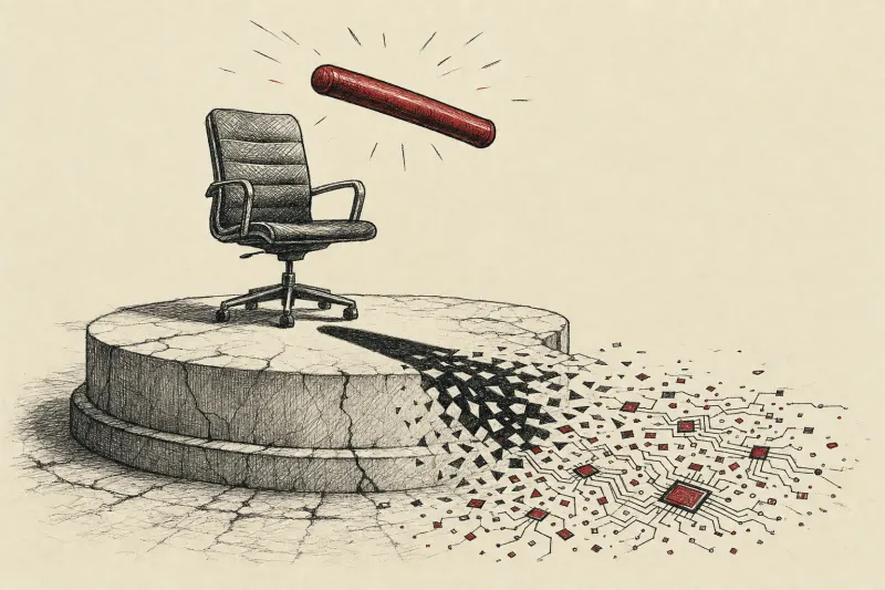 A suspended relay baton casts a fractured AI-like shadow beside an empty leadership chair.