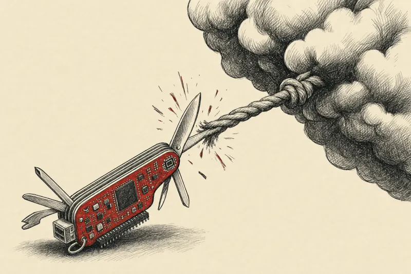 A tiny circuit knife cuts a cable to a giant cloud, symbolizing local AI agents breaking free from cloud computing.