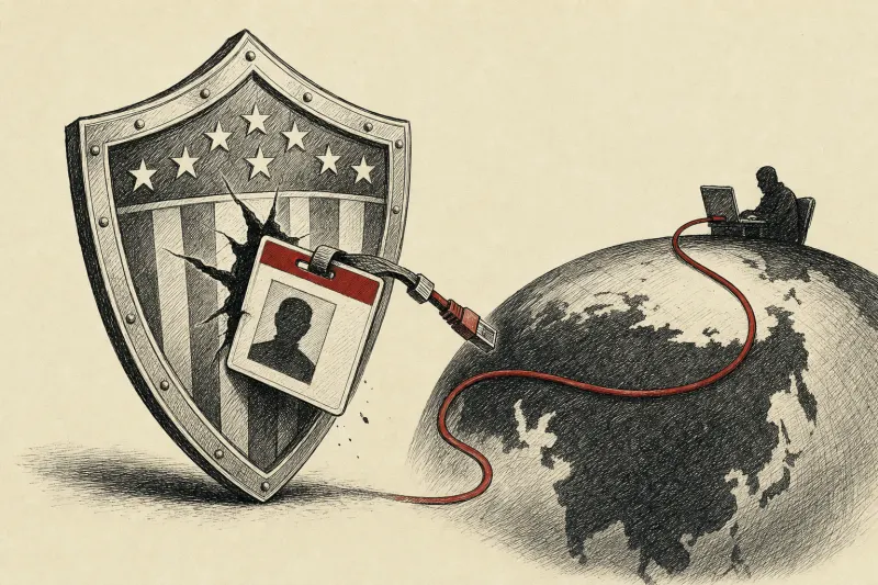 A counterfeit credential pierces a federal shield, symbolizing North Korea’s breach of remote hiring defenses.