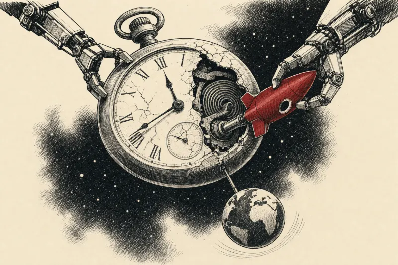 Mechanical arms fit a fresh winding key into an aging orbital clock, symbolizing longer satellite life.