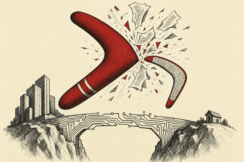 Large and small boomerangs collide over a circuit bridge, symbolizing reciprocal patent claims between Rippling and Runlayer.