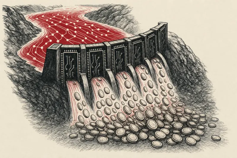 A silicon dam converts flowing data into gold coins, symbolizing AI compute as financed infrastructure.