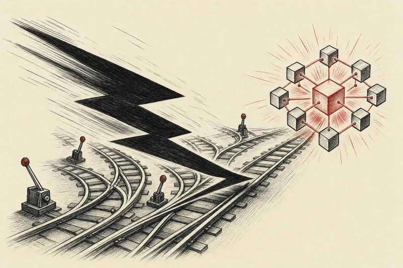 A lightning bolt crosses a switchyard and joins clustered cubes, symbolizing fast AI routing across local systems.