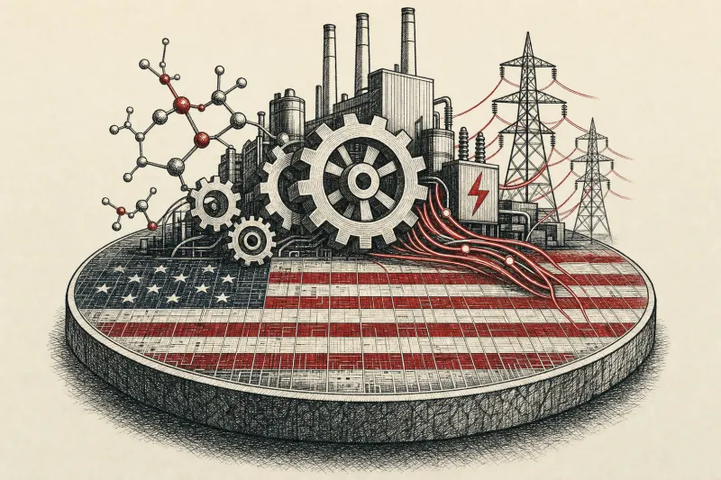A silicon foundation supporting interconnected symbols of manufacturing, energy and scientific infrastructure.