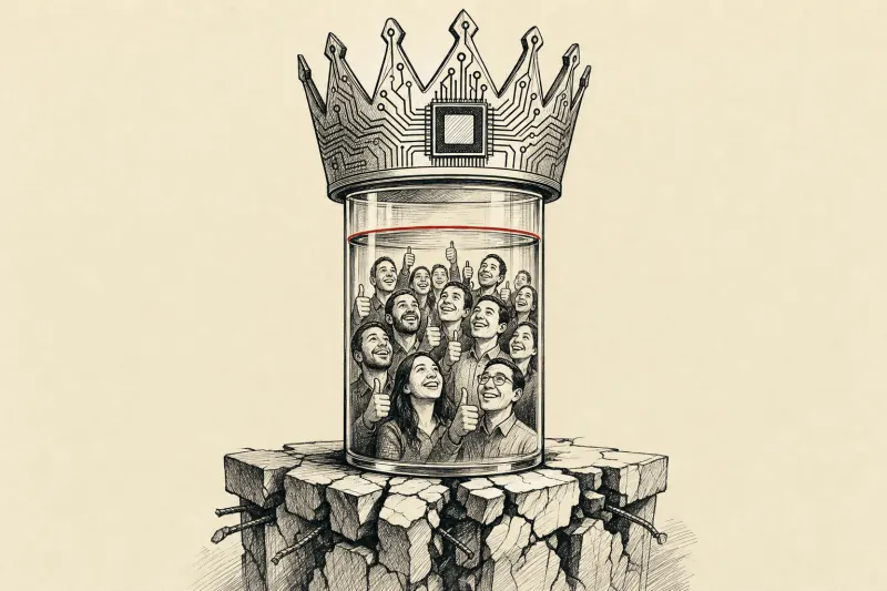 A silicon crown sits on an almost full glass column above cracks, symbolizing high approval amid weakening trust.