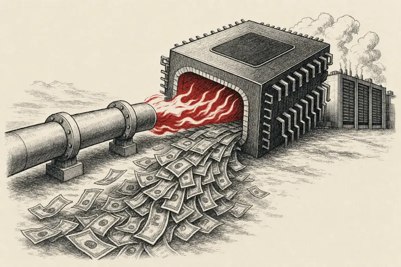 A giant silicon chip furnace consumes banknotes and natural gas, symbolizing the costly expansion of AI infrastructure.