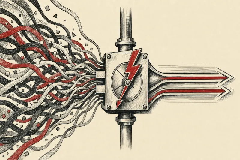 A lightning bolt shaped switch routes colored currents into separate paths, symbolizing faster, cheaper AI model selection.