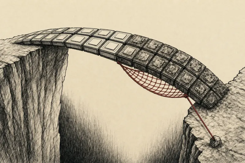 New and tarnished chips form a bridge over a financial abyss, with one quarter supported by a gold safety net.