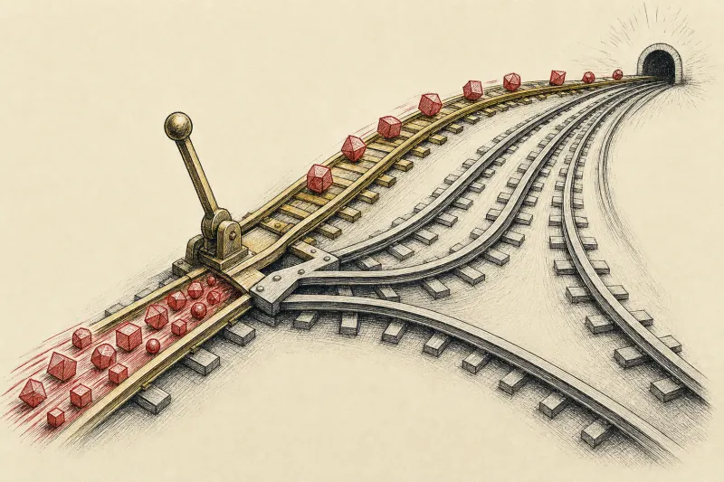 A railway switch directs glowing tokens onto cheaper tracks, symbolizing dynamic AI model routing.