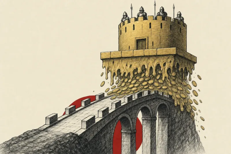 A fortress's middle tier melts into coins as an open bridge advances beneath its guarded top.