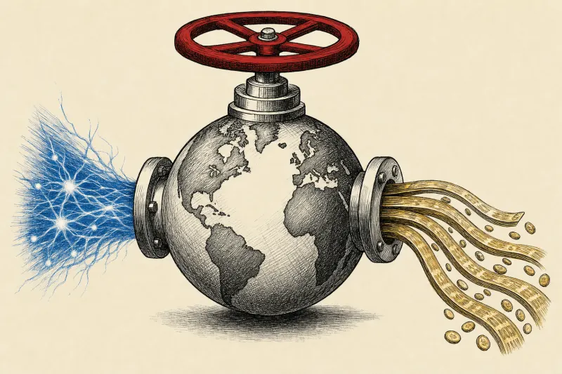 A globe shaped like a valve channels blue neural light into gold, symbolizing OpenAI’s global revenue push.