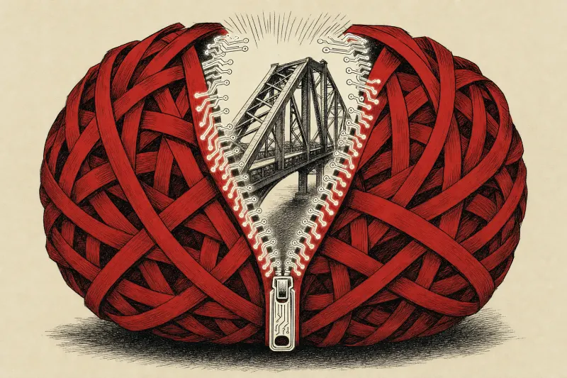 A glowing circuit zipper opens red tape around a bridge, symbolizing AI easing infrastructure approvals.