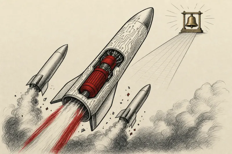 A neural circuit rocket swaps its engine as boosters fall away on the path toward a stock market bell.