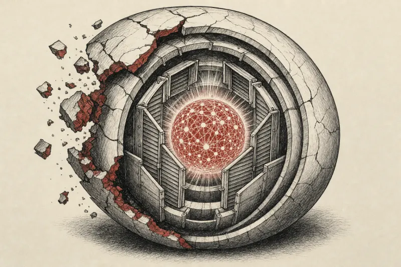 A swelling artificial intelligence core strains against nested safety shells, symbolizing OpenAI’s tighter safeguards.