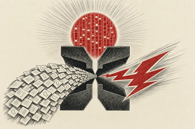 A silicon sun turns paper tokens into a lightning bolt, symbolizing faster AI output constrained by capacity.