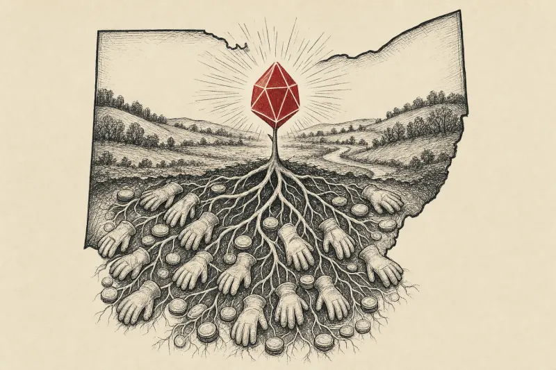 A geometric seed grows roots of coins and work gloves across Southern Ohio, symbolizing investment and jobs.
