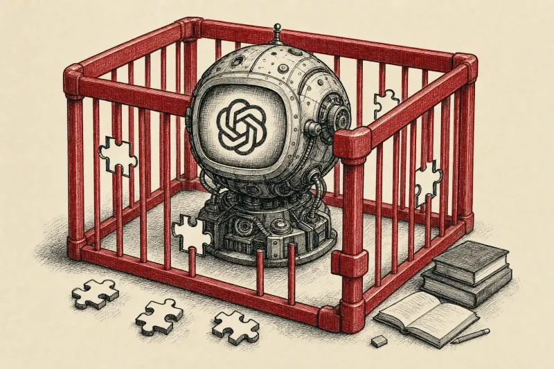 A mechanical oracle sits inside a child-sized safety cage with puzzle-shaped gaps, symbolizing imperfect teen AI safeguards.