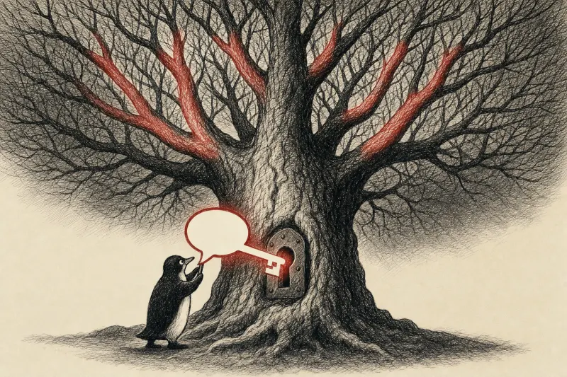 A speech bubble key unlocks a branching tree, symbolizing ChatGPT reaching major Linux distributions.