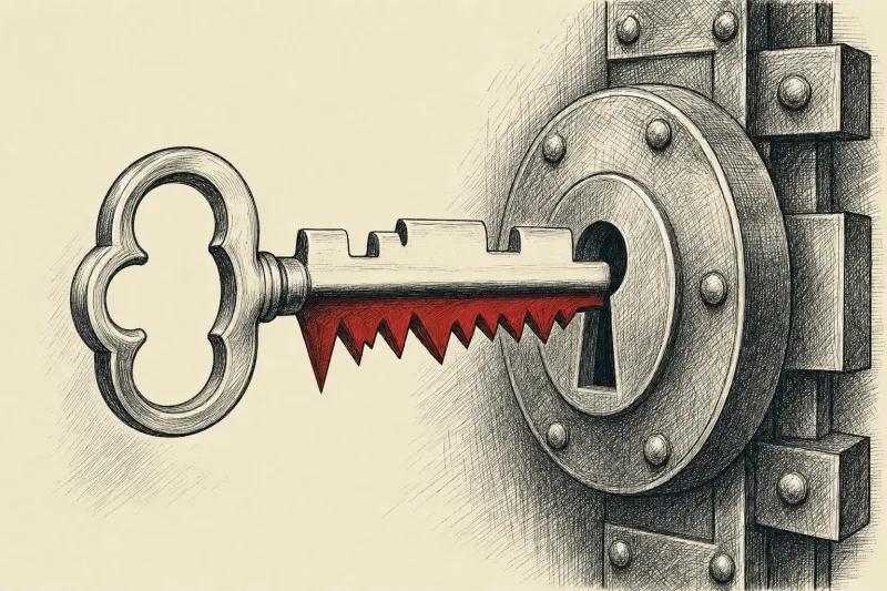 A double-edged key entering a guarded lock symbolizes powerful cyber access balanced against misuse risk.