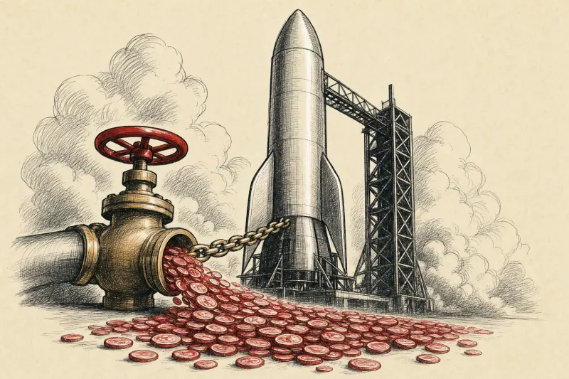 A grounded rocket releases gold coins through a valve, symbolizing OpenAI liquidity and a potentially delayed IPO.