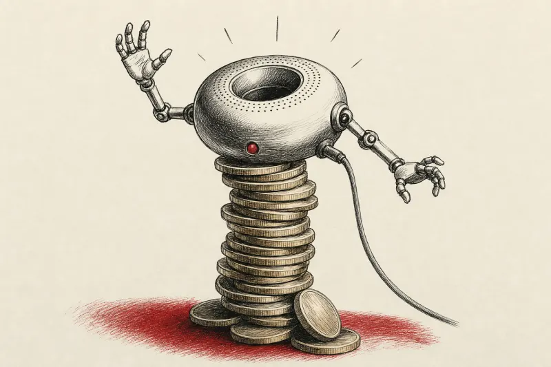 A metal doughnut awakens atop stacked coins, symbolizing OpenAI’s costly effort to make AI hardware feel alive.