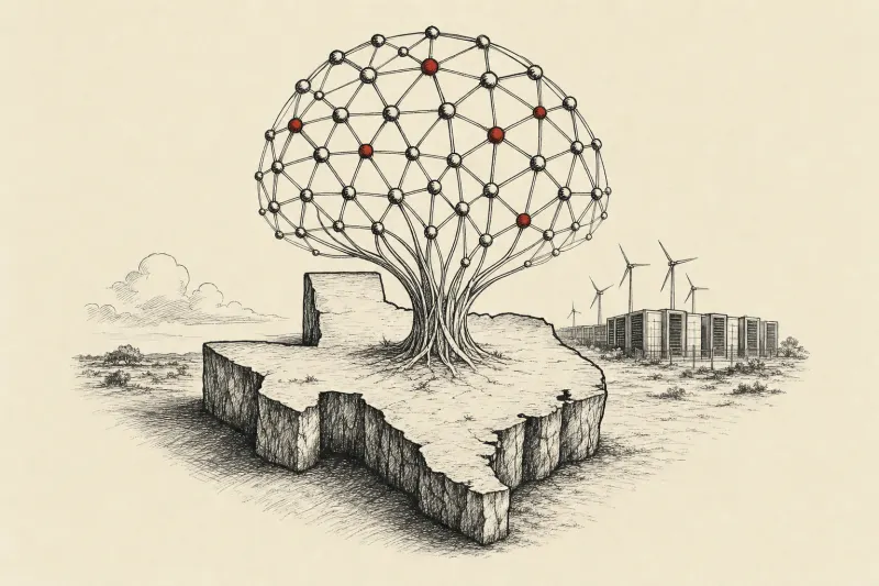 A transparent neural lattice grows from Texas-shaped bedrock, symbolizing accountable AI infrastructure.