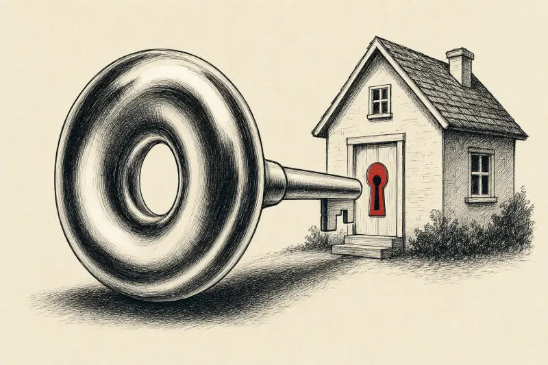 A polished metal donut forms an oversized house key, symbolizing OpenAI’s costly route into smart homes.