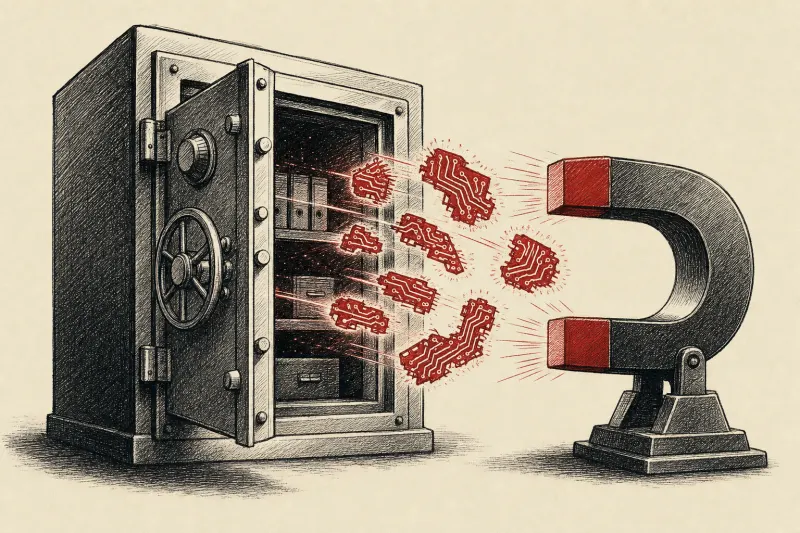 An open vault releases glowing circuit fragments toward a magnet, symbolizing a trade secrets dispute shaped by disputed security practices.
