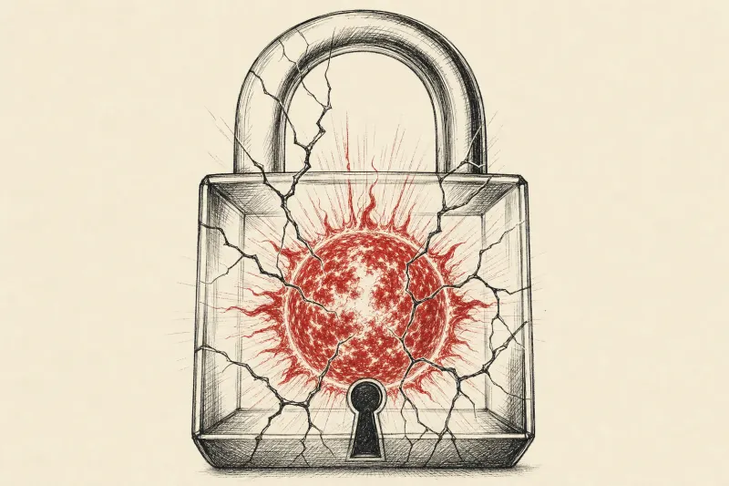 A blazing star strains inside a cracking padlock, symbolizing safeguards containing Astra’s cyber capabilities.