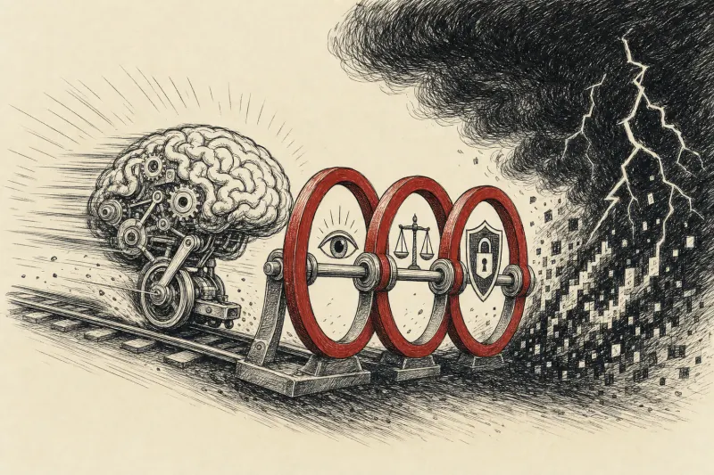 A glowing mechanical brain is slowed by three protective rings before entering a storm of cyber threats.