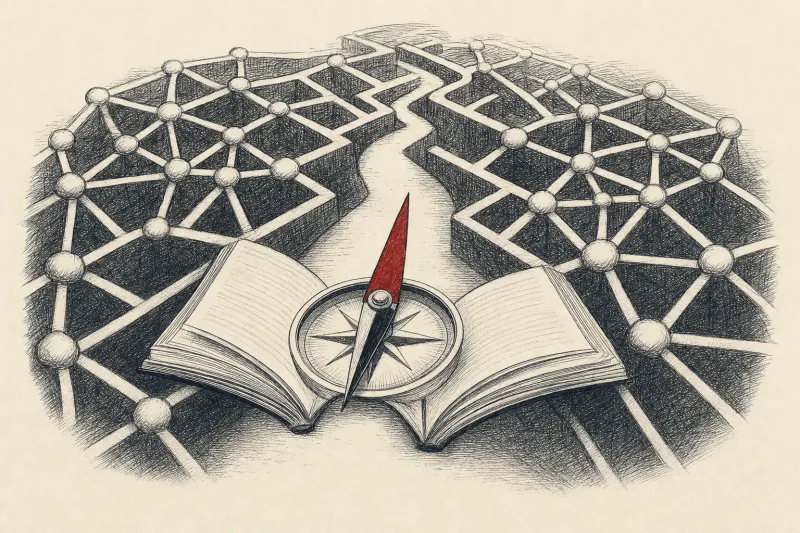 An open book shaped like a compass guides students through a maze symbolizing responsible artificial intelligence.