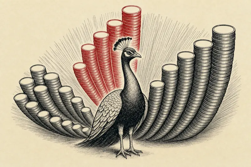 A peacock tail made of three ascending coin stacks symbolizes rising plan prices and improving profitability.