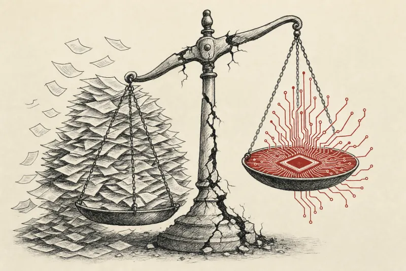A cracked balance scale buckles under papers as a circuit board pan suggests AI’s pressure on peer review.