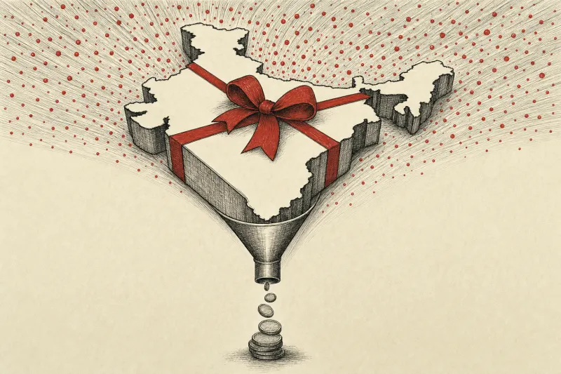 A gift box shaped like India narrows into a few coins, symbolizing the challenge of monetizing free AI users.
