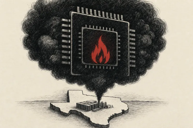A chip shaped carbon cloud fed by a gas flame looms over Texas, symbolizing the planned data center's emissions.
