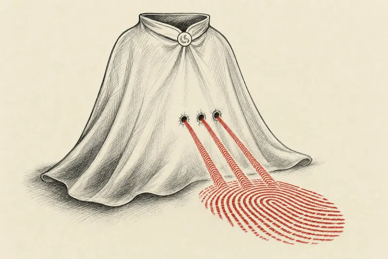 A translucent privacy cloak with three holes revealing a digital fingerprint-shaped shadow.